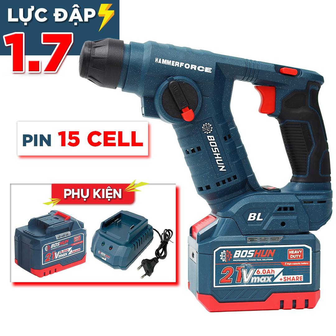 Máy khoan bê tông pin nhỏ gọn Boshun BS-RH2002CP, 3 tốc độ, lực đập 1.7J, khoan thường, khoan búa - image 1