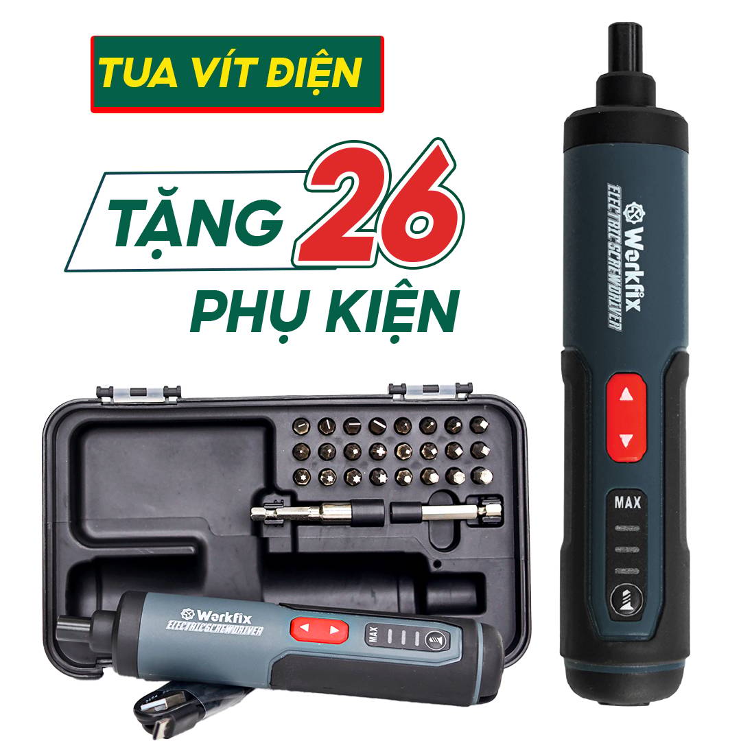 Máy vặn vít mini Workfix WF-SD0405, động cơ không chổi than, 3 tốc độ, lực siết 5Nm, tặng kèm 26 phụ kiện đa năng - image 1