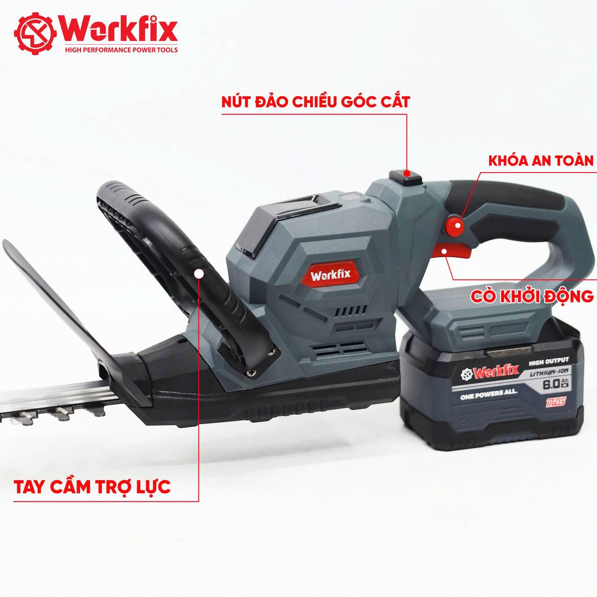 Máy cắt tỉa hàng rào chạy pin Workfix WF-HT560, công tắc kép an toàn, lưỡi dài 54cm - image 1