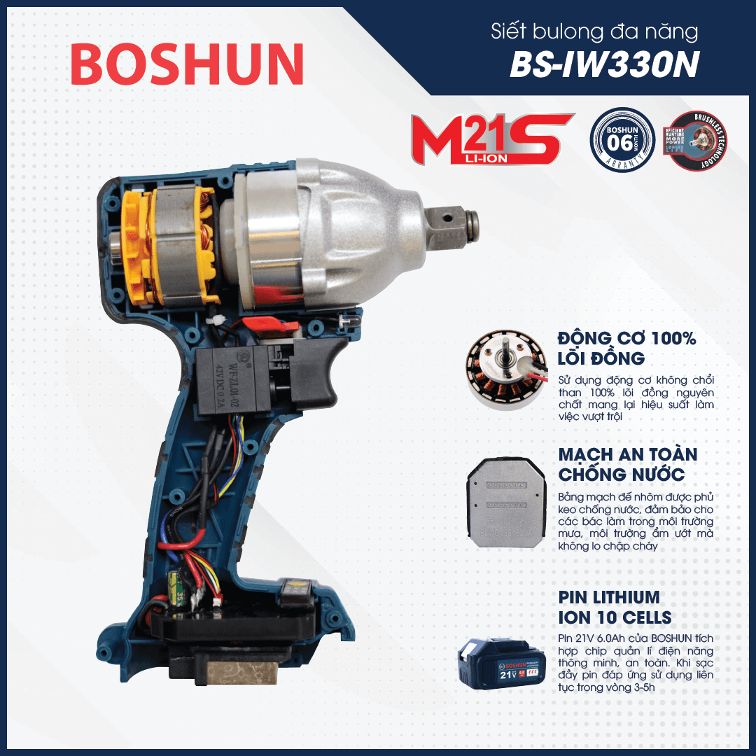 Máy siết bulong pin Boshun BS-IW330N (330N.m) - Chân pin phổ thông M21 — Máy cực kì khỏe sử dụng động cơ 100% lõi đồng nguyên chất, không chổi than, nhông kim loại, trang bị bảng mạch để nhôm phủ keo chống nước không lo chập cháy
