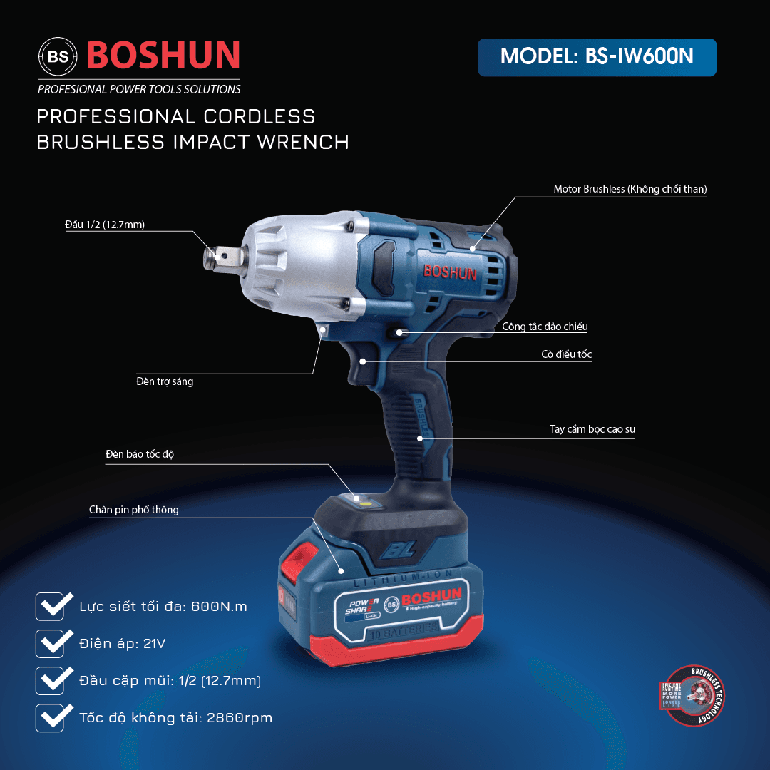 MÁY SIẾT BULONG BOSHUN BS-IW600N + 13 MÓN PHỤ KIỆN - image 1