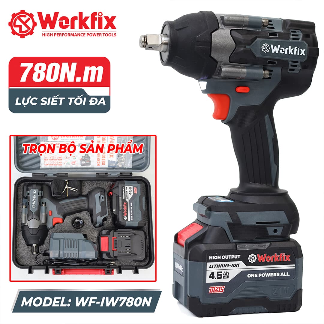 Máy Siết Bulong Dùng Pin WORKFIX WF-IW780NV, Lực Siết 780N.m, Đầu 2 trong 1, Vừa siết vừa khoan
