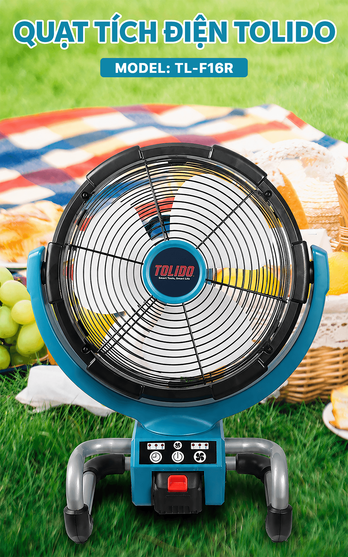 Quạt tích điện TOLIDO 21V, quạt dùng pin hoặc cắm điện, 3 cấp độ gió, chân pin phổ thông. — GIẢI PHÁP CHO MÙA NẮNG NÓNG (1)