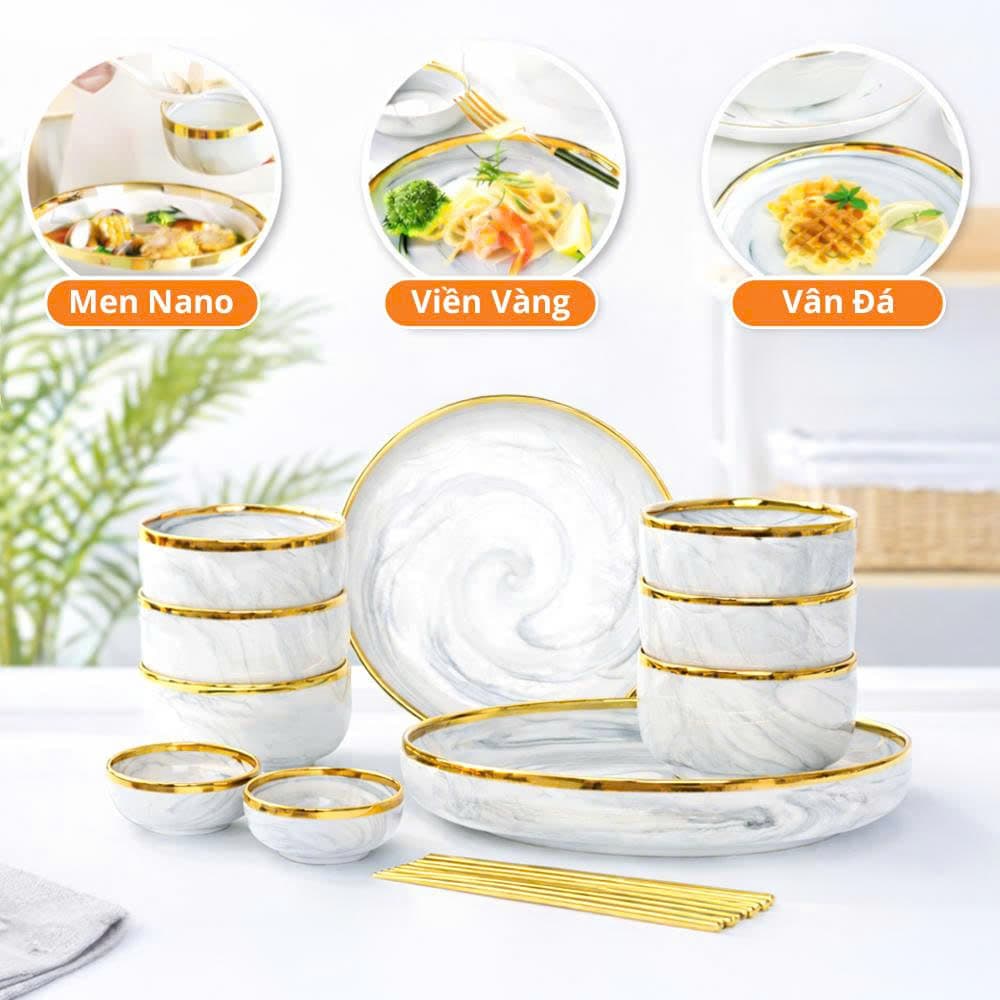Bộ bát đĩa sứ cao cấp - Phong cách Bắc Âu 16 món viền vàng - image 1