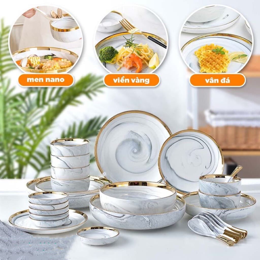 Bộ bát đĩa sứ cao cấp - Phong cách Bắc Âu 16 món viền vàng — MEN SỨ LÀNG NGHỀ LÂU NĂM