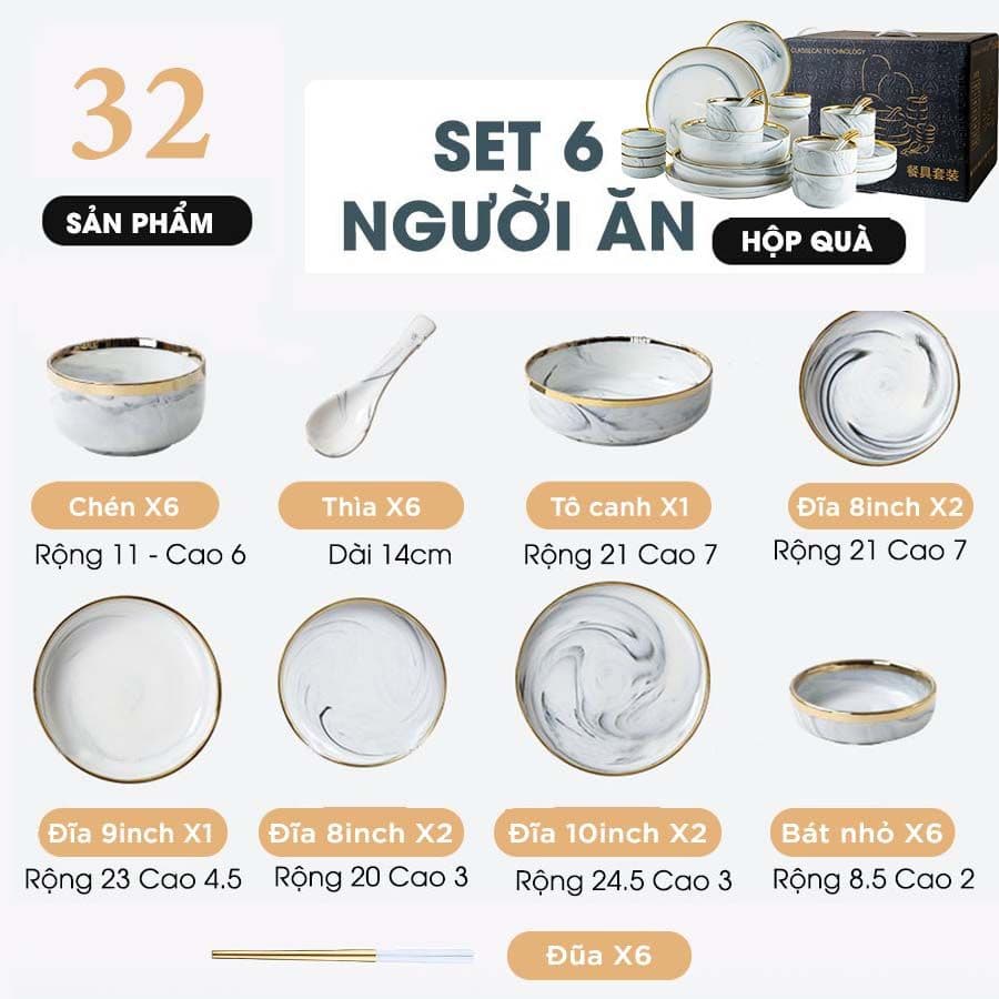 Bộ bát đĩa sứ cao cấp - Phong cách Bắc Âu 16 món viền vàng — ĐA NĂNG: CHÉN, ĐĨA, BÁT, MUÔI, THÌA