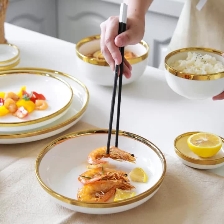 Bộ bát đĩa sứ cao cấp - Phong cách Bắc Âu 16 món viền vàng — BỮA TIỆC GIA ĐÌNH TRỌN VẸN