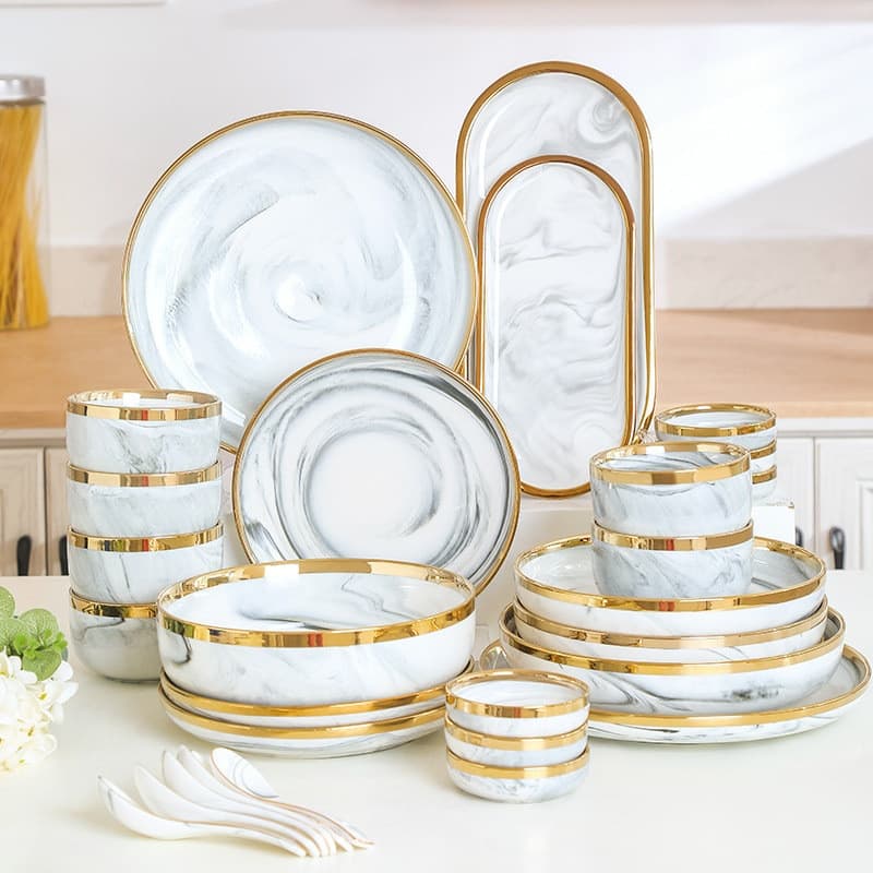 Bộ bát đĩa sứ cao cấp - Phong cách Bắc Âu 16 món viền vàng — SỨ DÀY CHỐNG VA ĐẬP