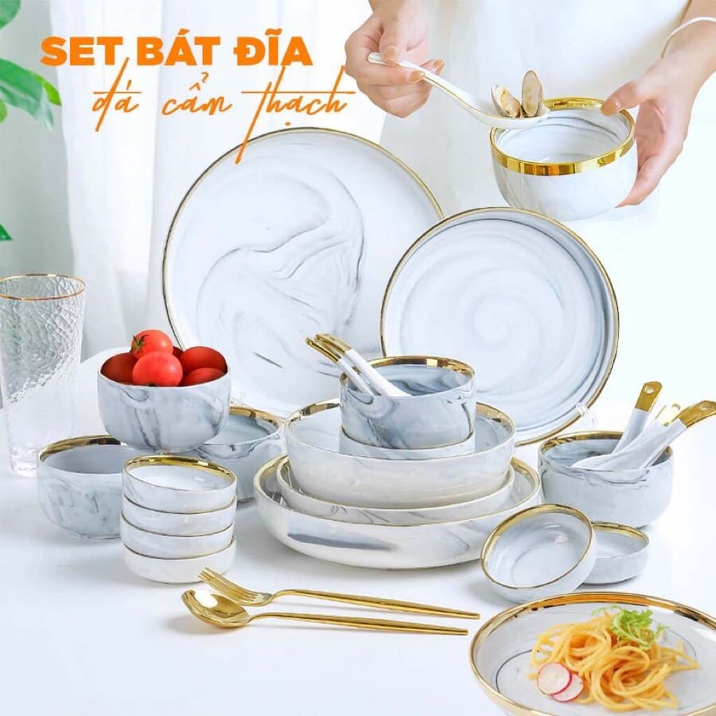 Bộ bát đĩa sứ cao cấp - Phong cách Bắc Âu 16 món viền vàng — SET BÁT ĐĨA ĐÁ CẨM THẠCH