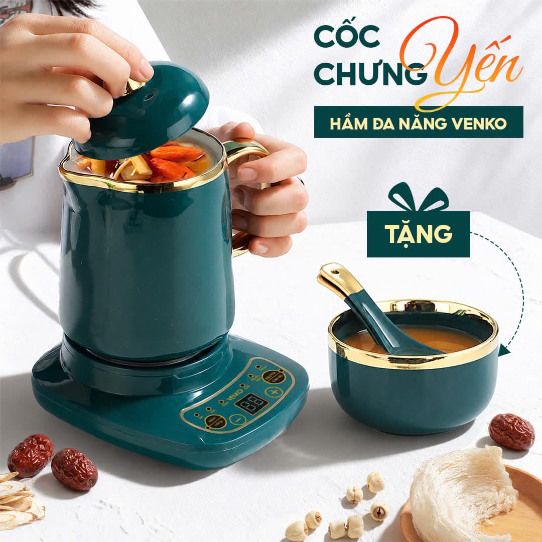 Cốc hầm, Cốc chưng yến Venko VK-CH568 đa năng cao cấp - Kèm đế điện - Nấu cháo, pha trà, cafe, sữa - Tặng kèm bộ bình trà hoặc bát thìa - Bảo hành 12 tháng