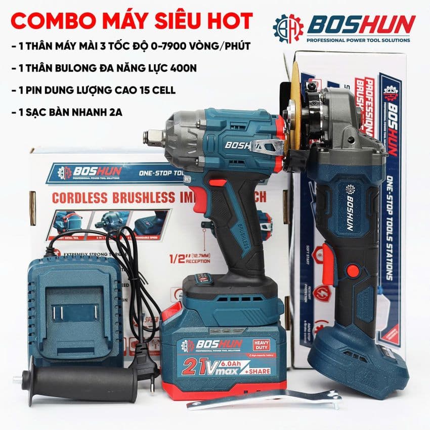 Combo Máy Siết Bulong Pin BOSHUN Tặng Máy Hàn BS-IW400N, Không Chổi Than, Đầu Bulong 2 in 1, Động Cơ Đồng