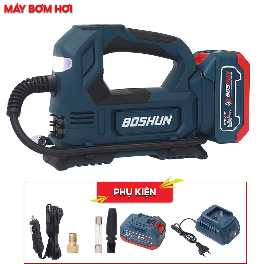 Máy bơm hơi pin BOSHUN BS-BH120Z, Công suất 120W, Áp suất tối đa 120 psi, Màn hình led, Vừa dùng điện vừa dùng pin