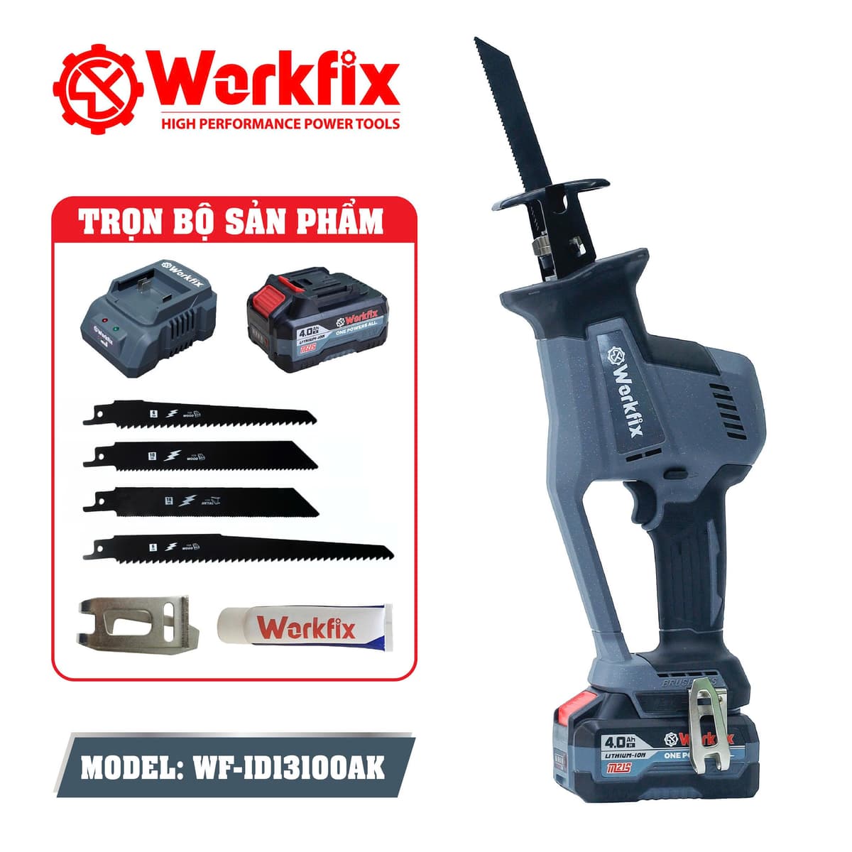 Máy Cưa Kiếm Dùng Pin Workfix WF-CK20BL - 500W, Không Chổi Than, Pin 21V 4.0Ah, Tặng Bộ 4 Lưỡi Thép Cao Cấp