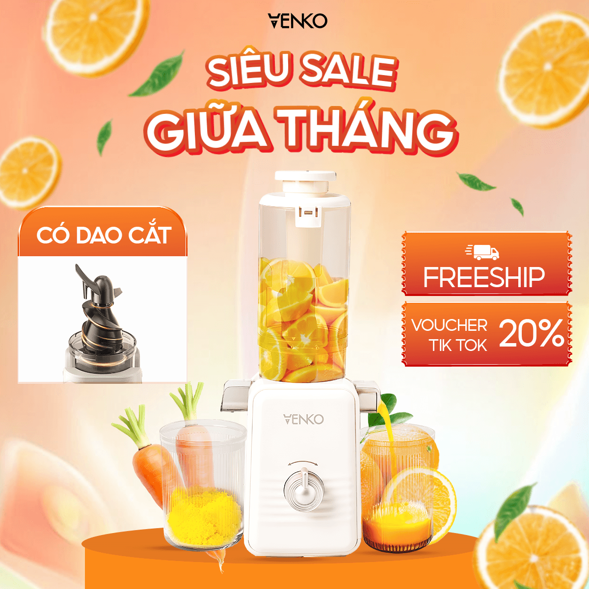 Máy ép chậm Venko SJ2093, dung tích 1.5L, ép kiệt bã, làm kem, giảm 45% - image 1