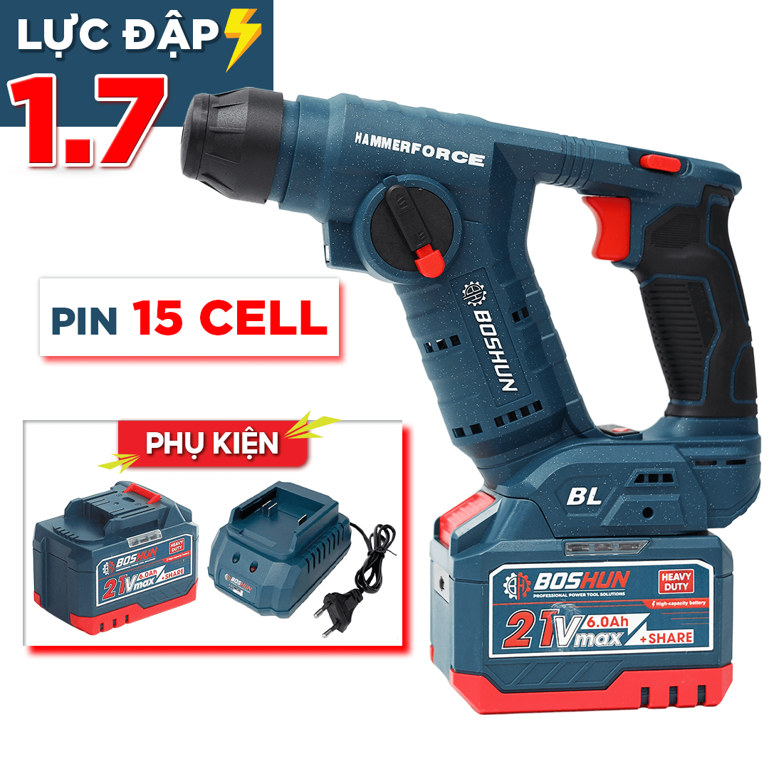 Máy khoan bê tông pin nhỏ gọn BOSHUN BS-RH2002CP , 3 Tốc độ, Lực đập 1.7J - Khoan thường, Khoan búa