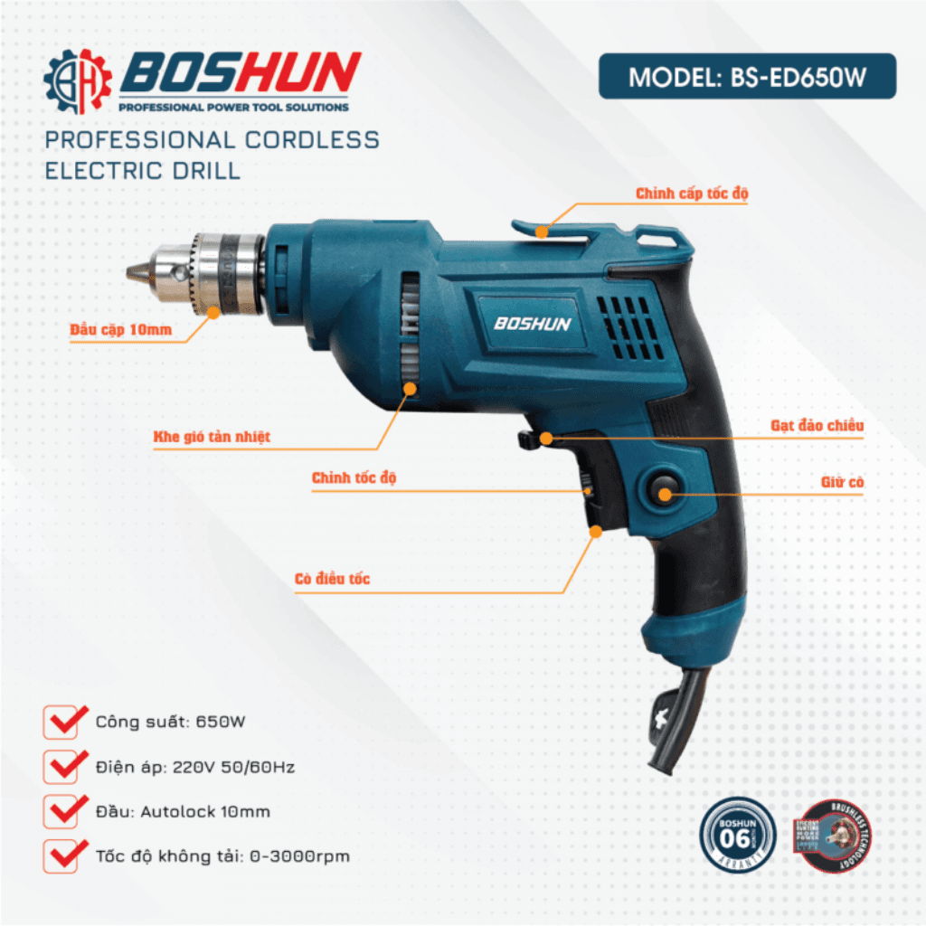 Máy Khoan Điện Bê Tông BOSHUN BS-ED650W, Công Suất 650W - 100% Lõi Đồng - Bảo Hành 12 Tháng — NHÔNG KIM LOẠI MẠNH MẼ