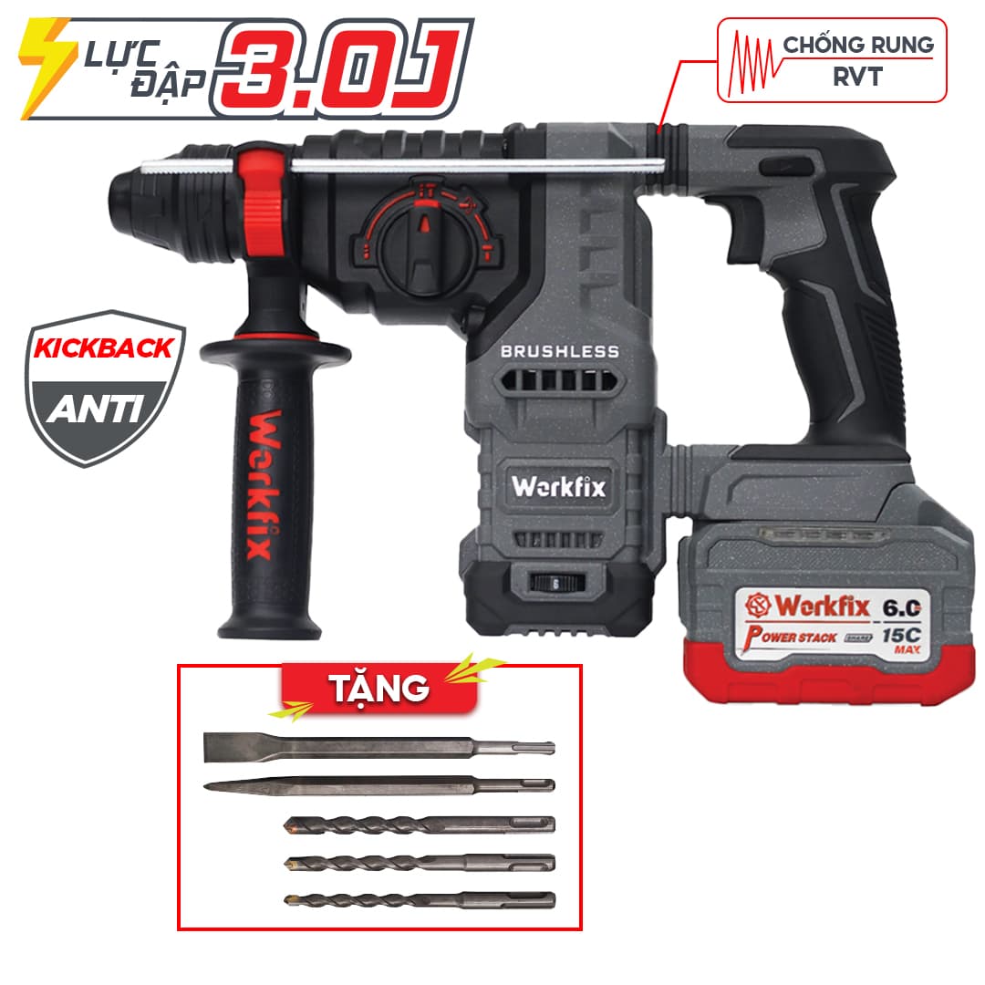 Máy Khoan Đục Bê Tông WORKFIX WF-RH3003ATC 3,0J Anti-Kickback 6 Tốc Độ (KHOAN -BÚA -ĐỤC), Chuyên Khoan Đục Bê Tông