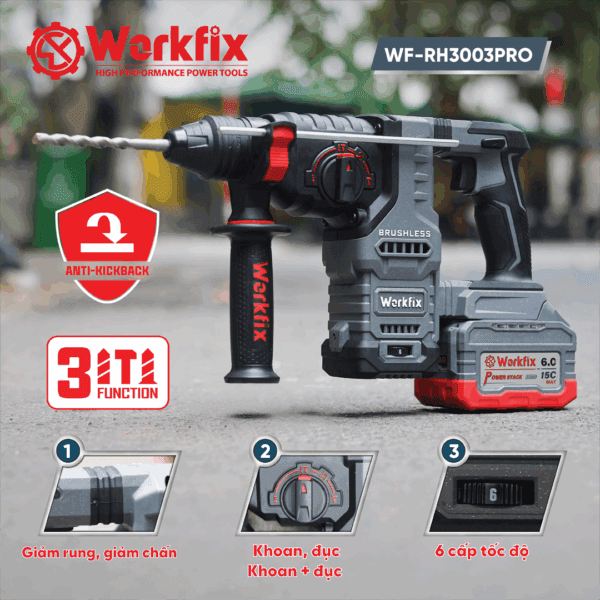 Máy Khoan Đục Bê Tông WORKFIX WF-RH3003ATC 3,0J Anti-Kickback 6 Tốc Độ (KHOAN -BÚA -ĐỤC), Chuyên Khoan Đục Bê Tông — CHỐNG RUNG AVS