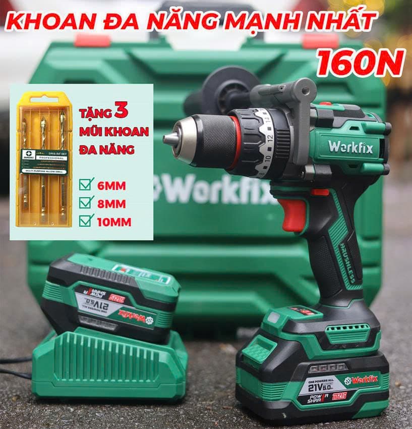 Máy Khoan Pin 160N WORKFIX WF-ID160AK - Không Chổi Than - Chuyên Khoan Tường, Khoan Rút Lõi, Bắt Vít — TẶNG 3 MŨI KHOAN ĐA NĂNG