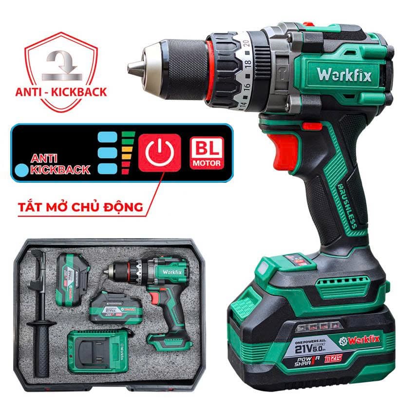 Máy Khoan Pin 160N WORKFIX WF-ID160AK - Không Chổi Than - Chuyên Khoan Tường, Khoan Rút Lõi, Bắt Vít — CHỐNG LẬT CỔ TAY