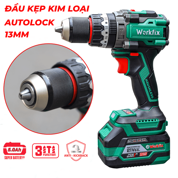 Máy Khoan Pin 160N WORKFIX WF-ID160AK - Không Chổi Than - Chuyên Khoan Tường, Khoan Rút Lõi, Bắt Vít — ĐẦU KẸP AUTOLOCK