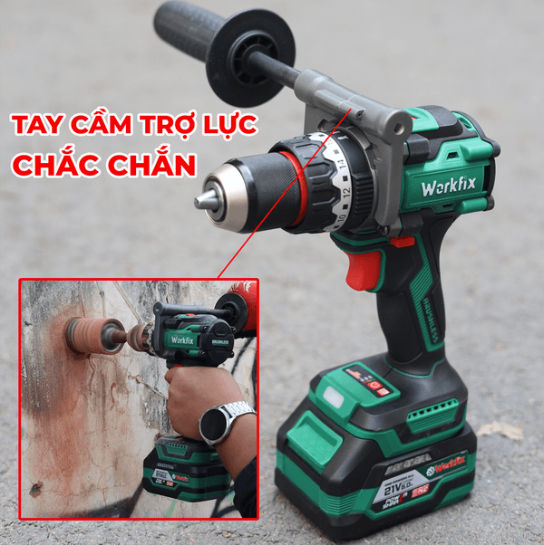 Máy Khoan Pin 160N WORKFIX WF-ID160AK - Không Chổi Than - Chuyên Khoan Tường, Khoan Rút Lõi, Bắt Vít — TAY CẦM PHỤ