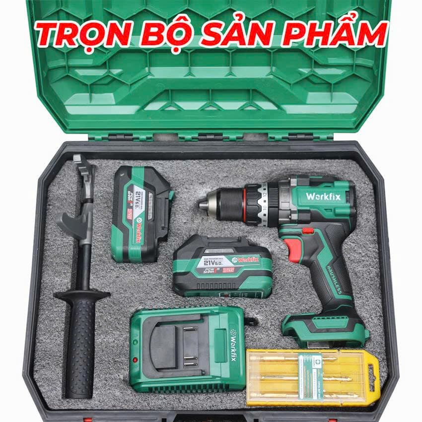 Máy Khoan Pin 160N WORKFIX WF-ID160AK - Không Chổi Than - Chuyên Khoan Tường, Khoan Rút Lõi, Bắt Vít — TRỌN BỘ SẢN PHẨM