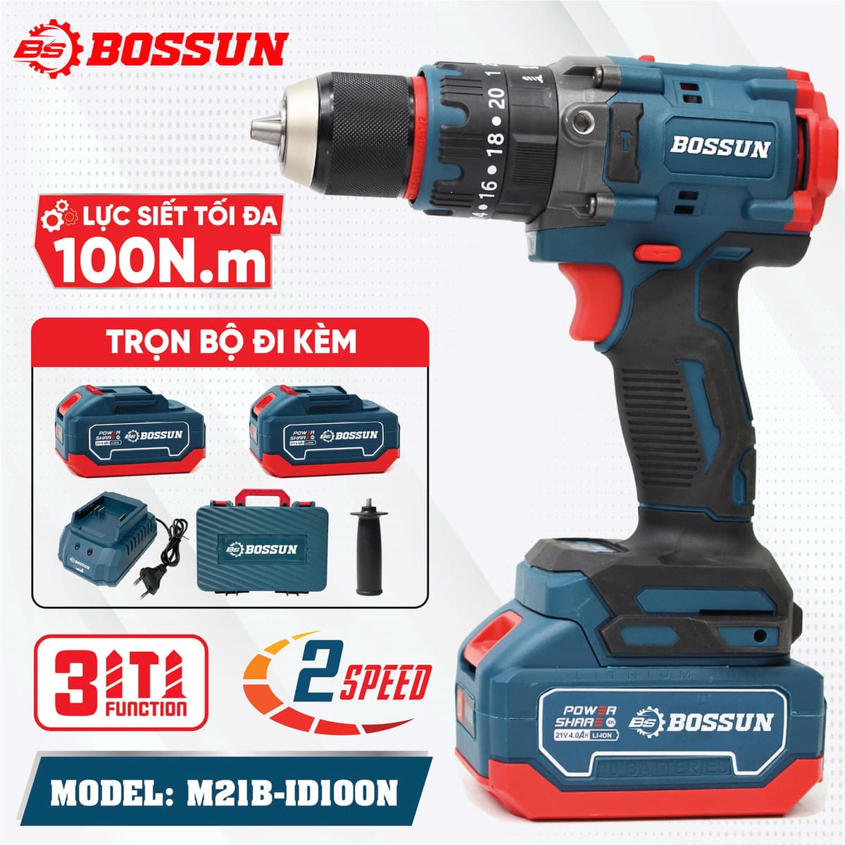 Máy Khoan Pin Bossun M21B-ID100N – Động Cơ Lõi Đồng, 3 Chức Năng, Pin 21V Dung Lượng Cao