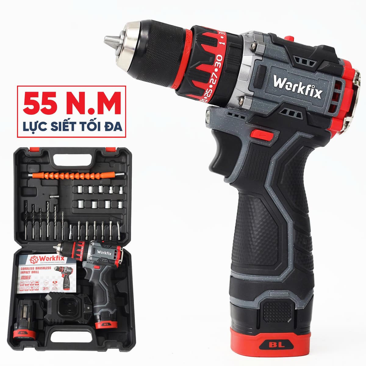 Máy khoan pin WORKFIX 16.8V WF-ID1610BL Auto lock - Khoan pin không chổi than tặng kèm bộ phụ kiện 24 chi tiết - image 1