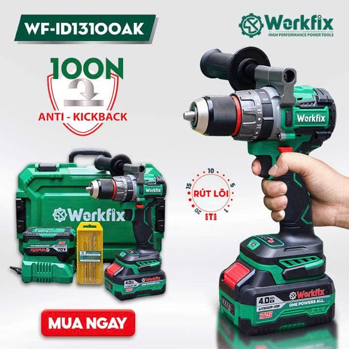 Máy Khoan Pin WORKFIX WF-ID13100AK Lực 100N Chuyên Rút Lõi, Khoan Tường, Bắn Vít, Không Chổi Than - image 1