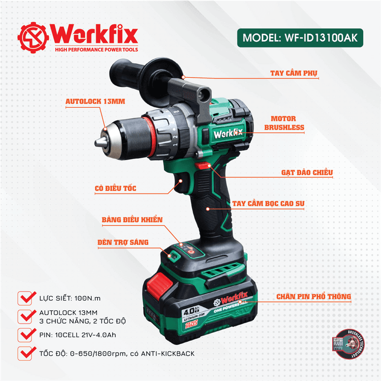 Máy Khoan Pin WORKFIX WF-ID13100AK Lực 100N Chuyên Rút Lõi, Khoan Tường, Bắn Vít, Không Chổi Than — ANTIKICKBACK CHỐNG LẬT CỔ TAY
