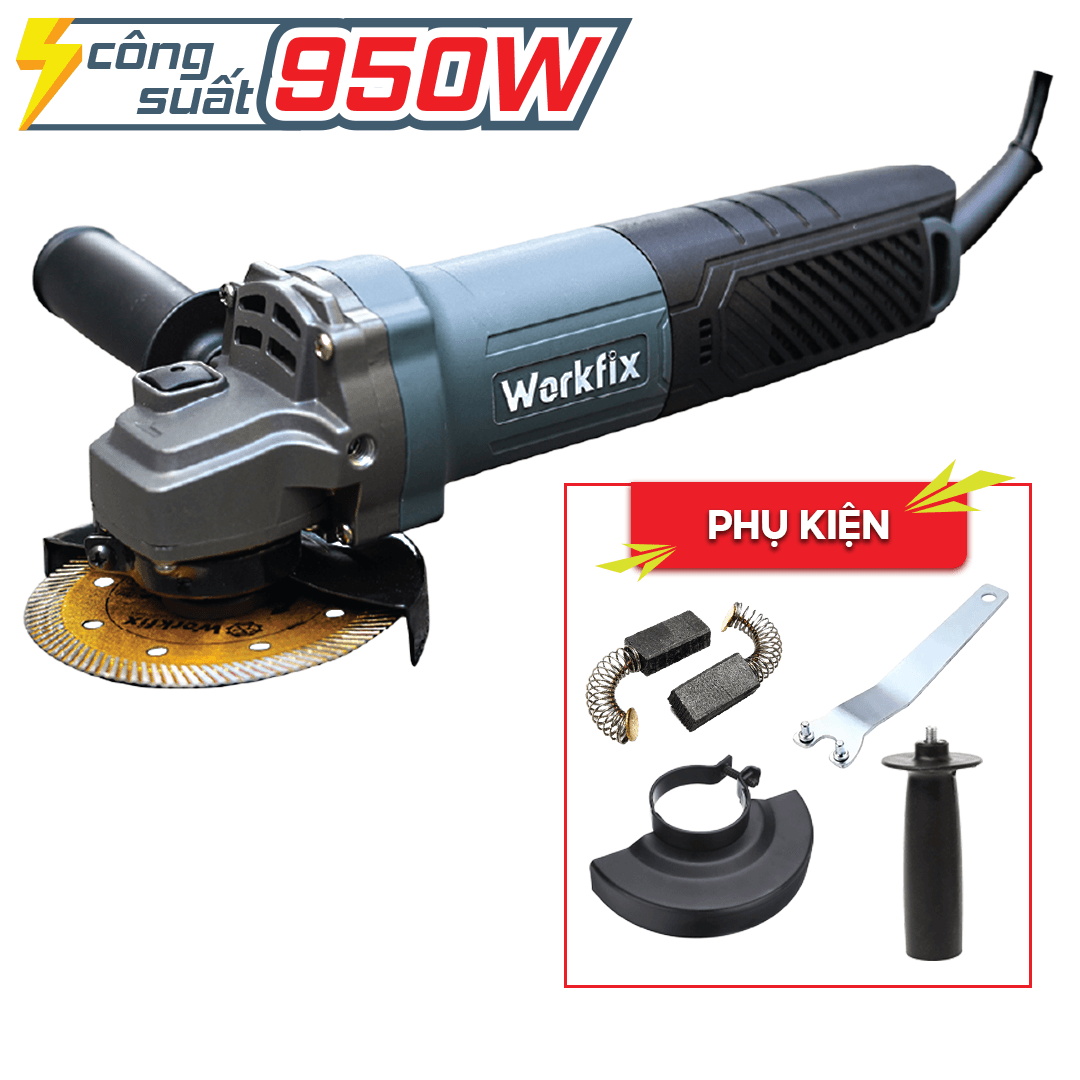 Máy mài cầm tay WORKFIX WF-AG950W, Công suất 950W, Công tắc đuôi, Tặng 1 cặp chổi than