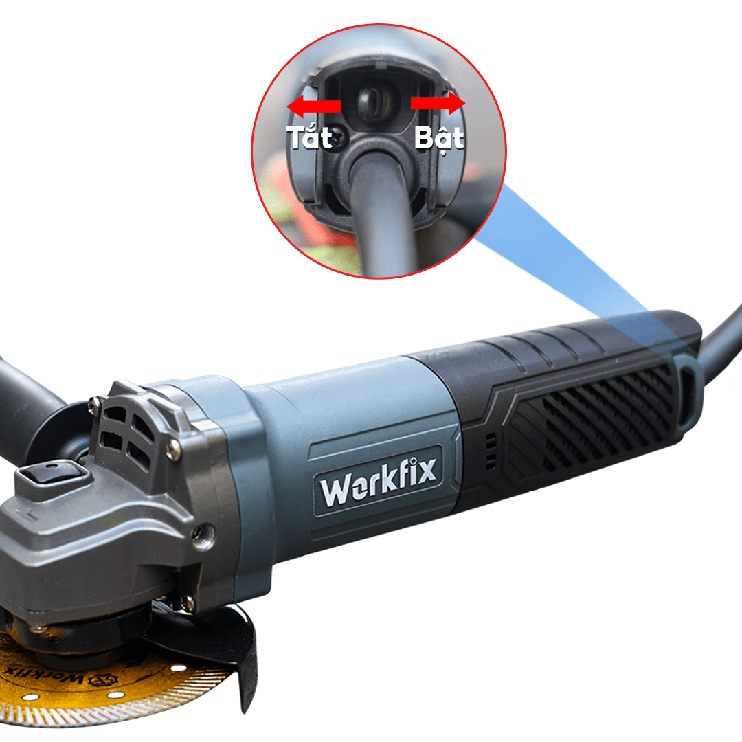 Máy mài cầm tay WORKFIX WF-AG950W, Công suất 950W, Công tắc đuôi, Tặng 1 cặp chổi than — CÔNG TẮC ĐUÔI