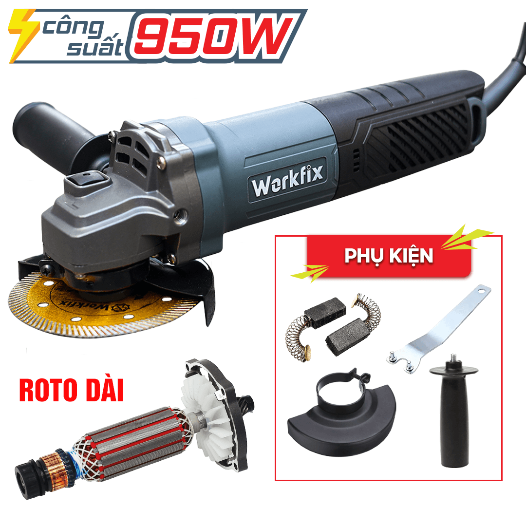 Máy mài cầm tay WORKFIX WF-AG950W, Công suất 950W, Công tắc đuôi, Tặng 1 cặp chổi than — TẶNG NGAY BỘ CHỔI THAN