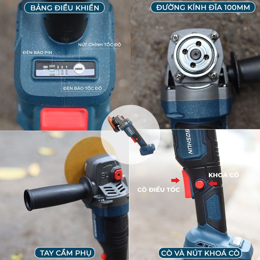 MÁY MÀI GÓC CHẠY PIN BOSSUN BS-AG7800BL, ĐỘNG CƠ KHÔNG CHỔI THAN, 13 CẤP TỐC ĐỘ, CHỐNG SỐC ĐÁ — THIẾT KẾ THÔNG MINH