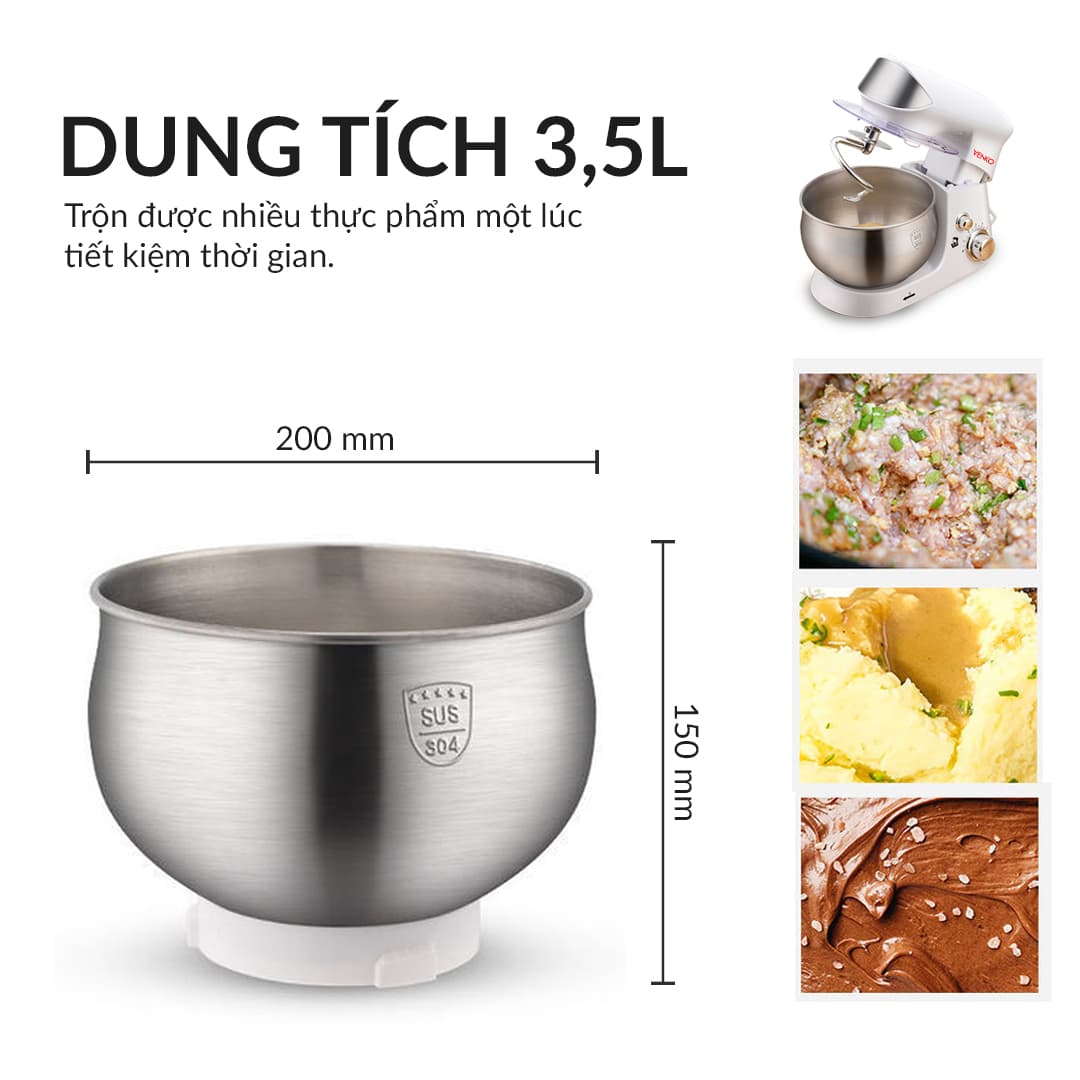 Máy Nhào Bột Venko Cỡ Lớn 3.5 Lít - Tặng Ngay 3 Đầu Trộn - Nhào Bột, Đánh Trứng, Quết Chả Giò — DUNG TÍCH 3,5L