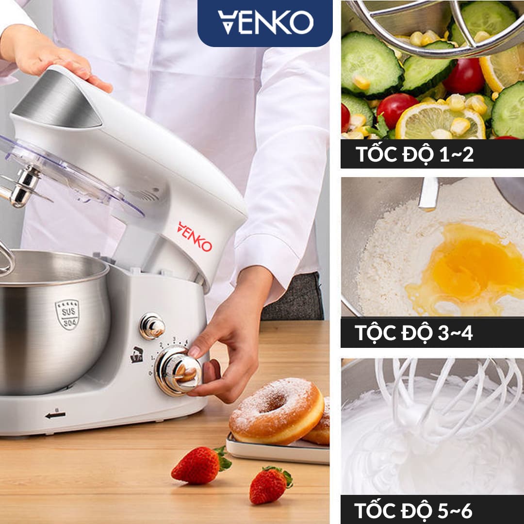 Máy Nhào Bột Venko Cỡ Lớn 3.5 Lít - Tặng Ngay 3 Đầu Trộn - Nhào Bột, Đánh Trứng, Quết Chả Giò — 6 CẤP ĐỘ TRỘN