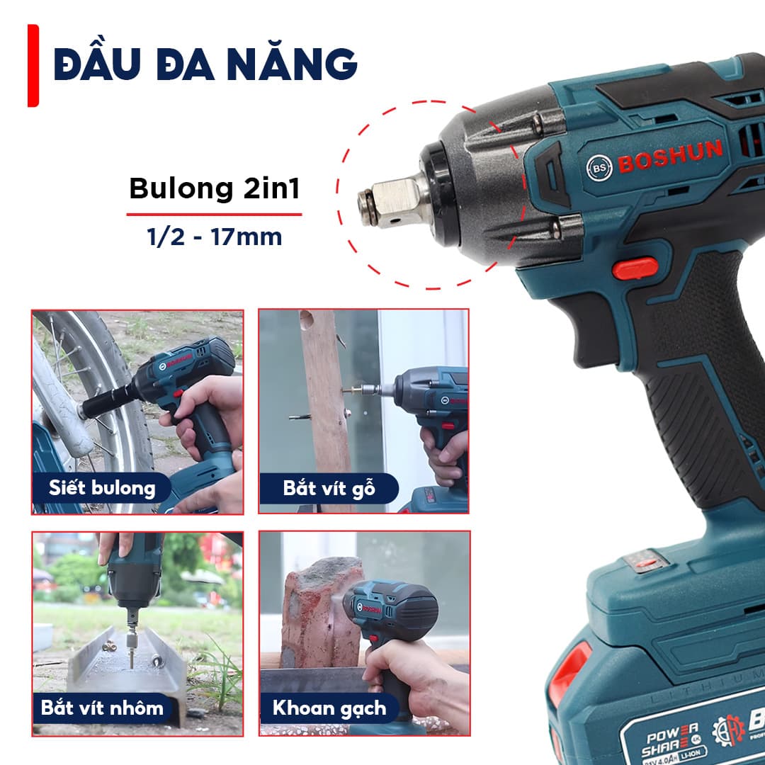 Máy Siết Bulong BOSHUN Lực siết 850N.m - Mở Ốc Ô Tô Tải Dễ Dàng - Bảo Hành Chính Hãng 12 Tháng — ĐẦU ĐA NĂNG