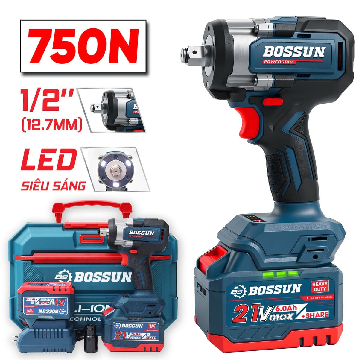 Máy Siết Bulong BOSHUN BS-IW750N Lực siết 750N.m - Mở Ốc Ô Tô Tải Dễ Dàng - Bảo Hành Chính Hãng 12 Tháng