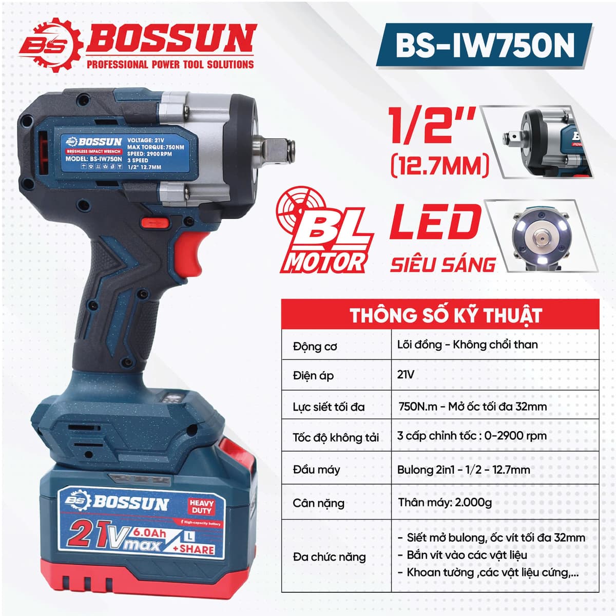 Máy Siết Bulong BOSHUN BS-IW750N Lực siết 750N.m - Mở Ốc Ô Tô Tải Dễ Dàng - Bảo Hành Chính Hãng 12 Tháng — ĐỘNG CƠ BRUSHLESS – BÚA CỰC LỚN