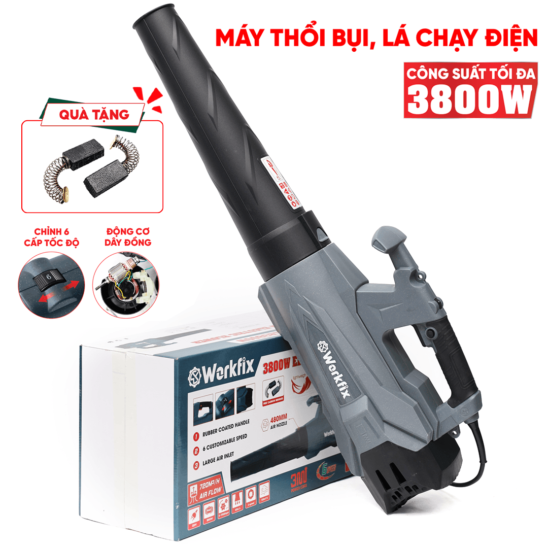 Máy thổi điện WORKFIX WF-ELB3800W - Tặng bộ chổi than cao cấp - Công suất 3800W thổi liên tục