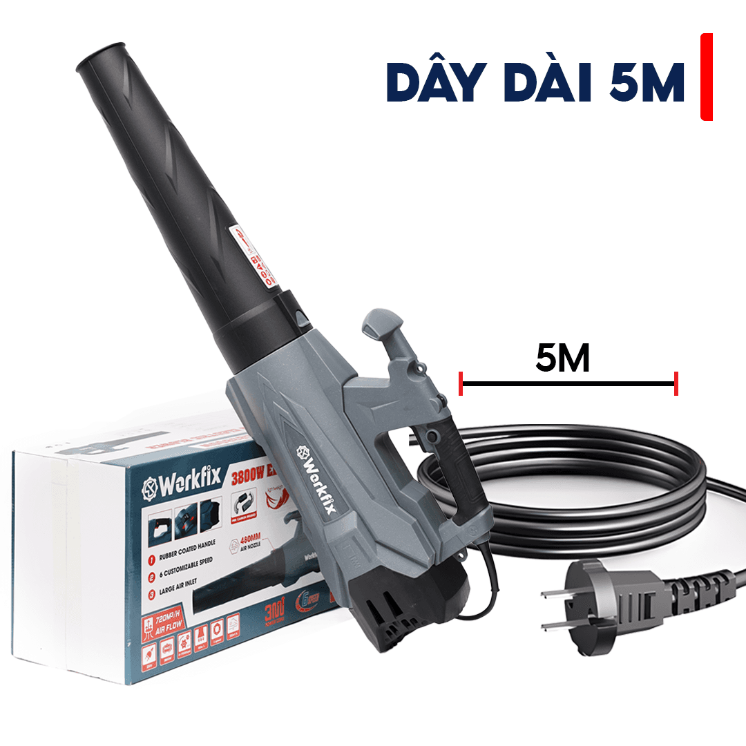 Máy thổi điện WORKFIX WF-ELB3800W - Tặng bộ chổi than cao cấp - Công suất 3800W thổi liên tục — DÂY DÀI 5M