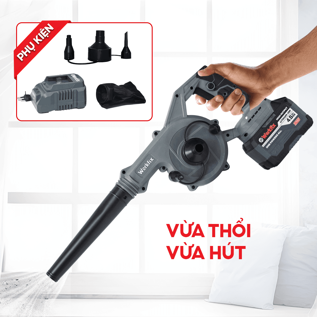 Máy thổi hút bụi pin WORKFIX WF-AB775BL, Động cơ Không chổi than, 2 chức năng, Cò điều tốc, 1 Pin 15Cell