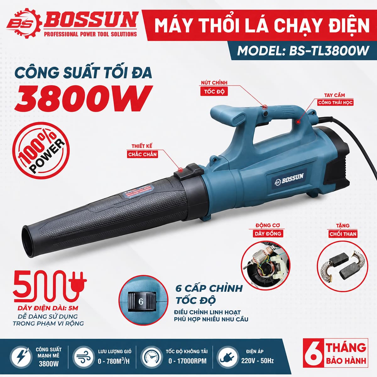 Máy thổi lá điện BOSSUN BS-TL3800W, Công suất 3800W, Dây điện dài 5m, 6 Tốc độ, Bảo hành 12 tháng