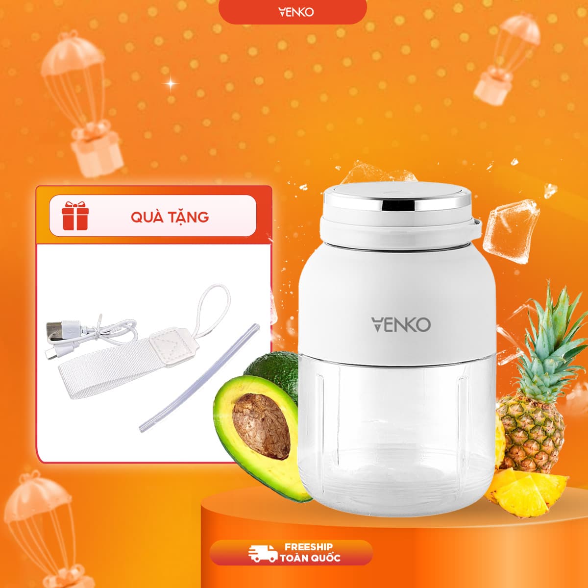 Máy xay sinh tố cầm tay Venko - Dung tích 1300ml - 02 Nắp tiện lợi - Pin 15000mAh - Bảo hành 12 tháng