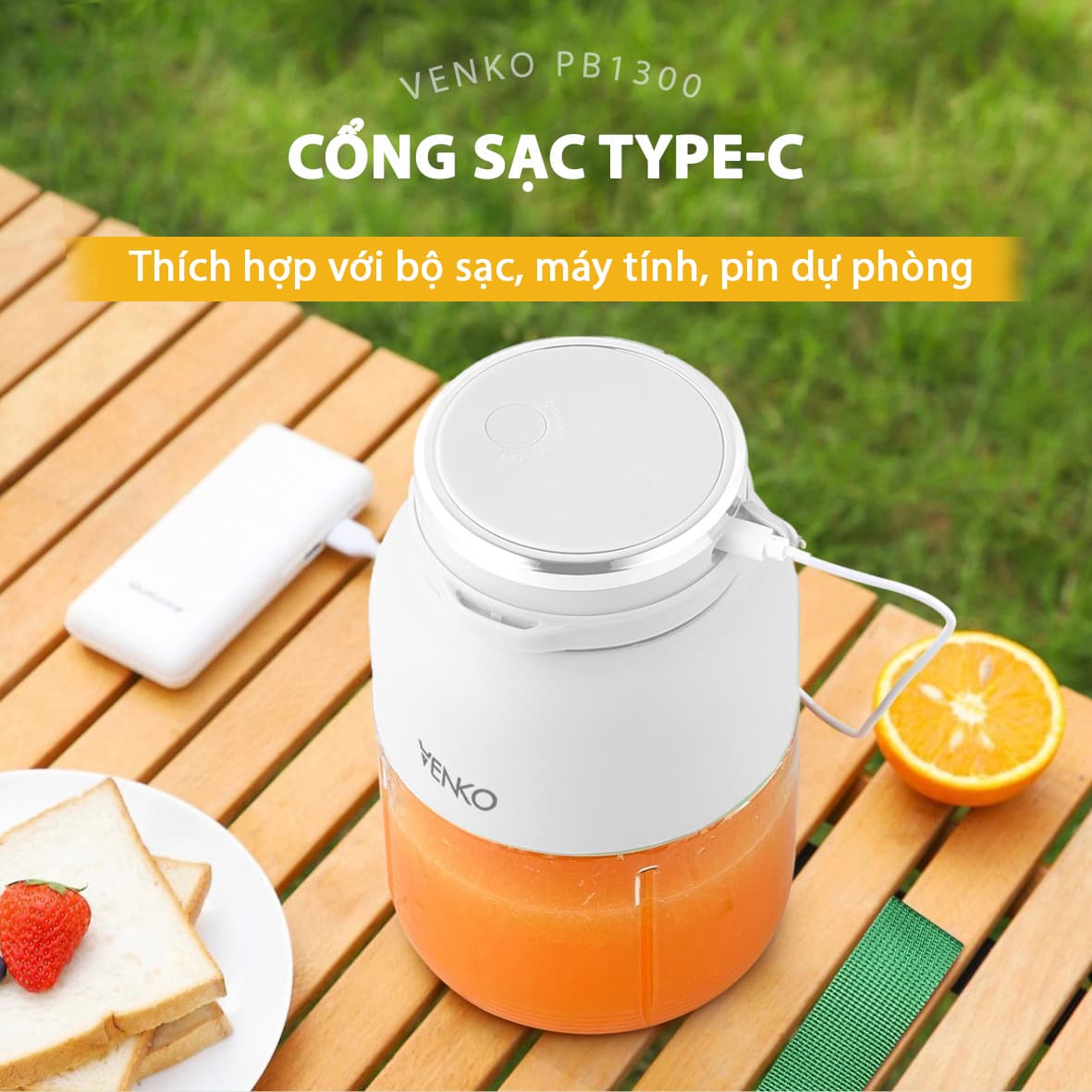 Máy xay sinh tố cầm tay Venko - Dung tích 1300ml - 02 Nắp tiện lợi - Pin 15000mAh - Bảo hành 12 tháng — Cổng sạc USB
