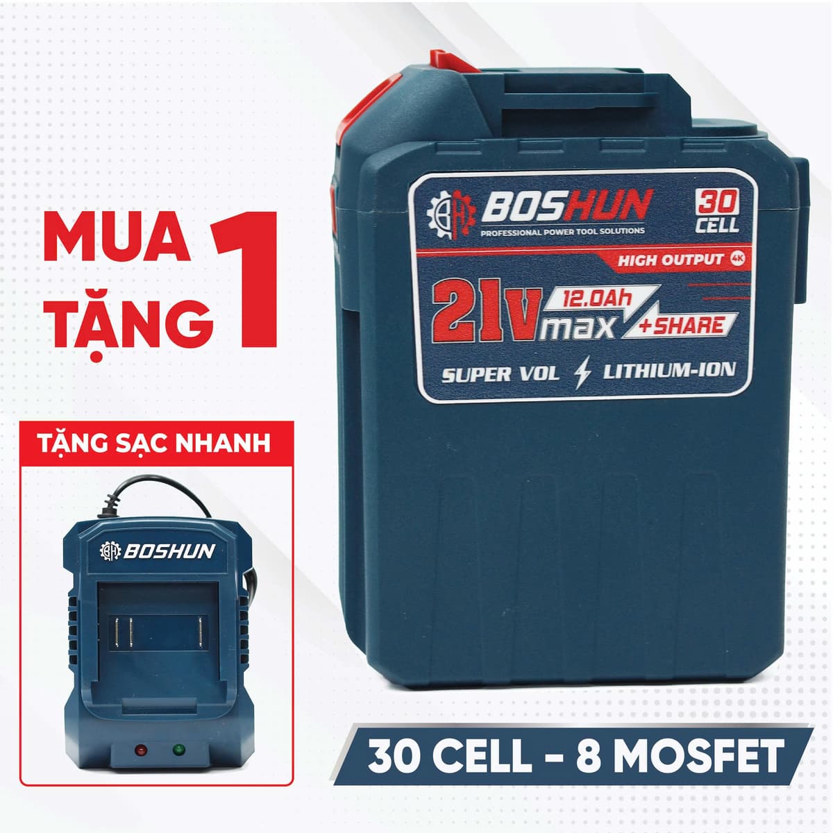 Pin 30 Cell Boshun- Tặng Sạc 2A - Dung Lượng Cao 12AH Mạch 8 Mosfet - Có Đèn Báo Pin, Vỏ ABS