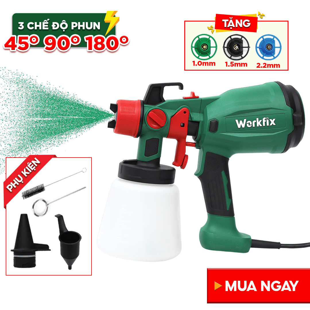 Súng phun sơn điện WF-SG650W, Tặng thêm 1 béc phun 2.0mm, Phun sơn cực mượt, Cực Tiết Kiệm, Có đèn LED siêu sáng