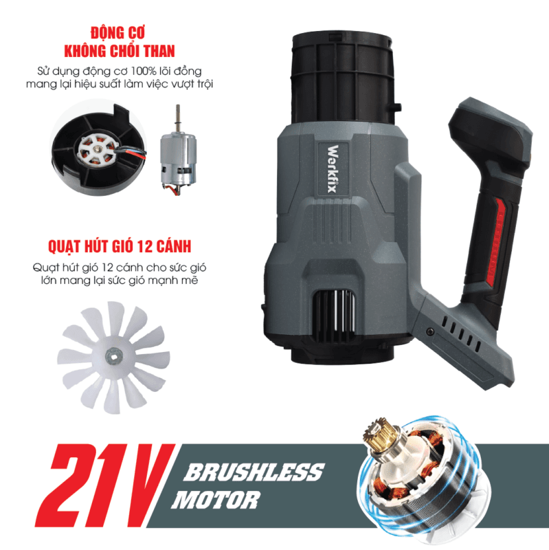 Máy Thổi Workfix 3 Tốc WF-LB03BL Chuyên Thổi Lá, Bụi, Rác - Công Suất 1000W Siêu Khỏe - Động Cơ Không Chổi Than - Workfix Chính Hãng — ĐỘNG CƠ KHÔNG CHỔI THAN