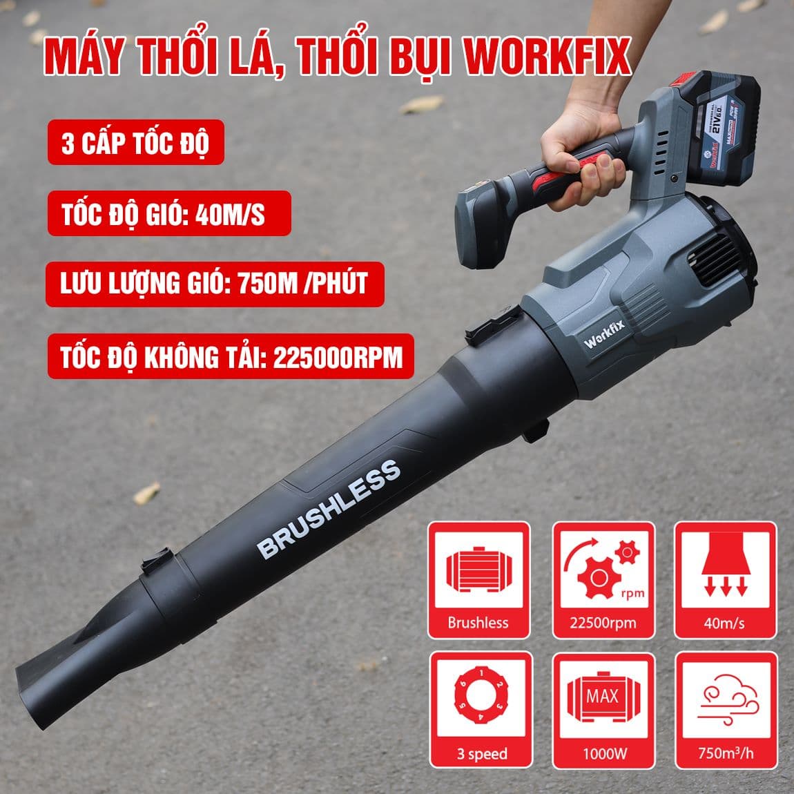 Máy Thổi Workfix 3 Tốc WF-LB03BL Chuyên Thổi Lá, Bụi, Rác - Công Suất 1000W Siêu Khỏe - Động Cơ Không Chổi Than - Workfix Chính Hãng — 3 CẤP TỐC ĐỘ GIÓ